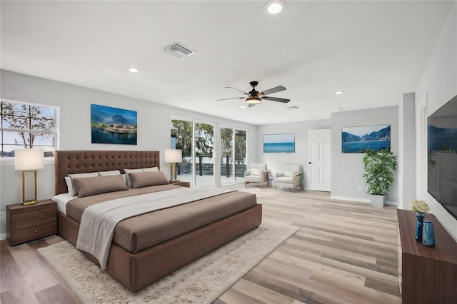 bedroom with recessed lighting, a ceiling fan, baseboards, visible vents, and light wood finished floors