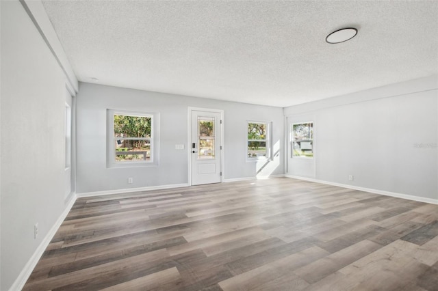 spare room featuring a textured ceiling, wood finished floors, and a healthy amount of sunlight