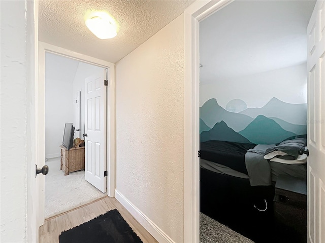 corridor featuring a textured ceiling and light hardwood / wood-style floors