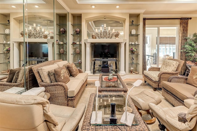 living room featuring ornamental molding and built in features