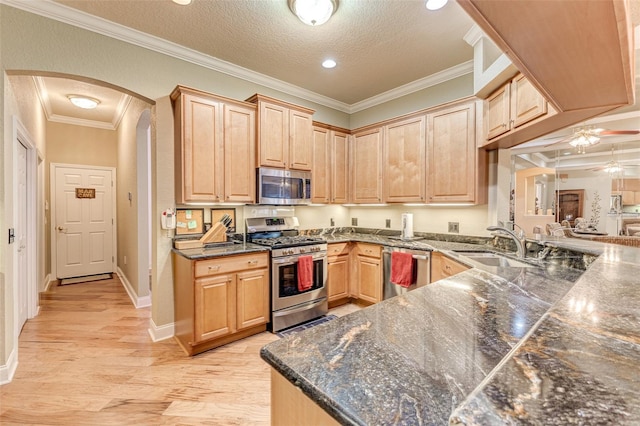 kitchen with ornamental molding, appliances with stainless steel finishes, light brown cabinetry, and sink