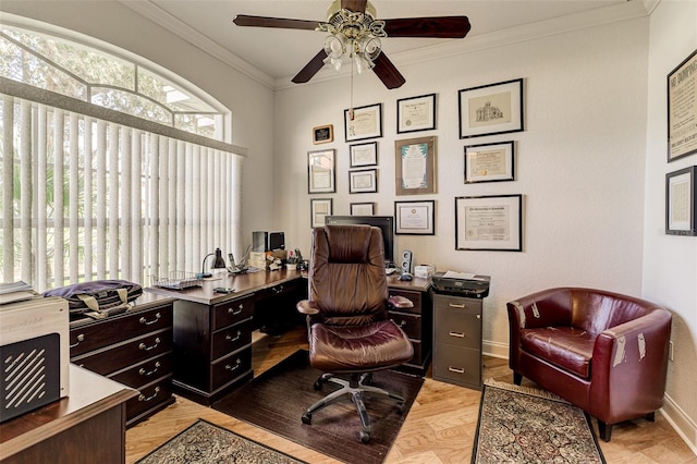 office space featuring light hardwood / wood-style flooring, ornamental molding, and ceiling fan