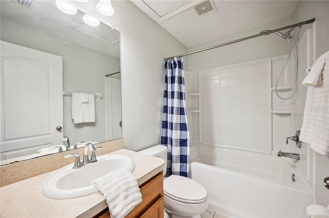 full bathroom with vanity, toilet, a textured ceiling, and shower / bath combo with shower curtain