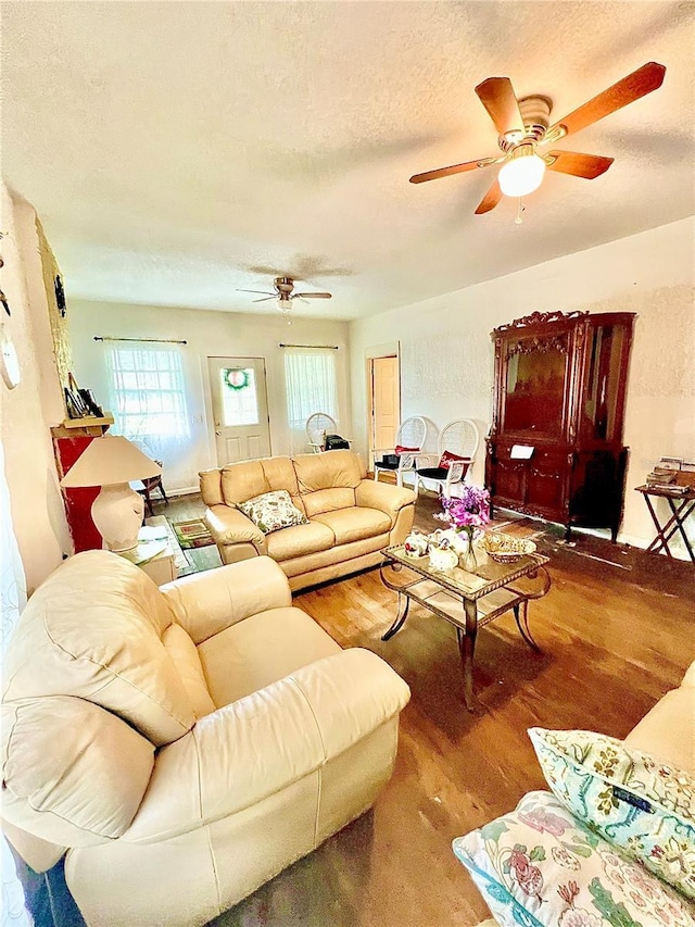 living room with ceiling fan, wood-type flooring, and a textured ceiling