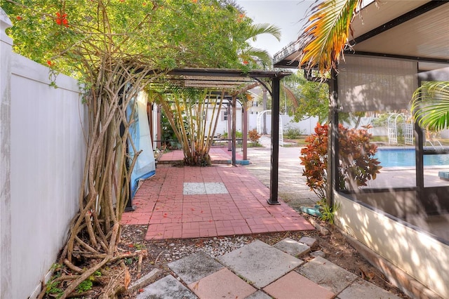 view of patio / terrace with a fenced in pool and a pergola