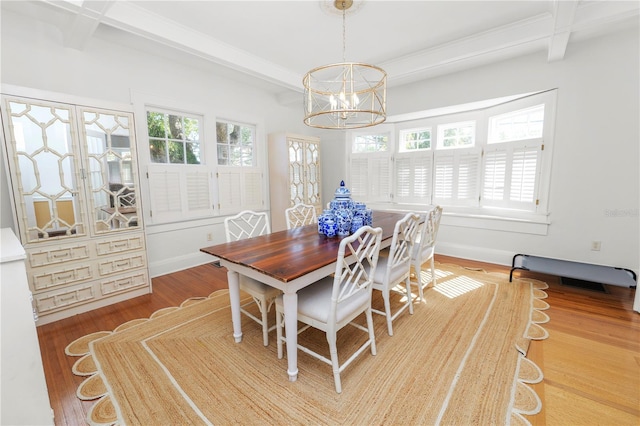 dining room with coffered ceiling, wood-type flooring, a chandelier, and beamed ceiling