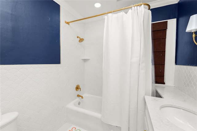 full bathroom with shower / bath combo, ornamental molding, vanity, and toilet