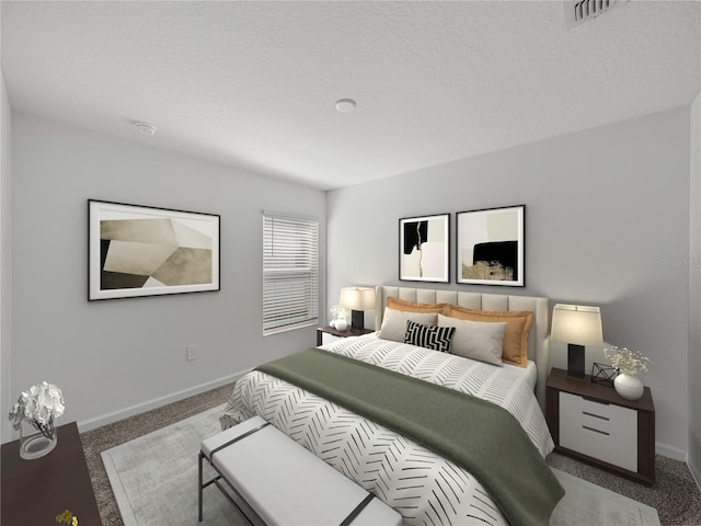 bedroom with carpet and a textured ceiling