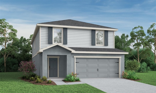 view of front of home with a garage and a front lawn