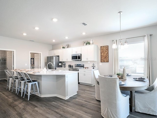 kitchen with dark hardwood / wood-style floors, white cabinets, hanging light fixtures, stainless steel appliances, and a center island with sink