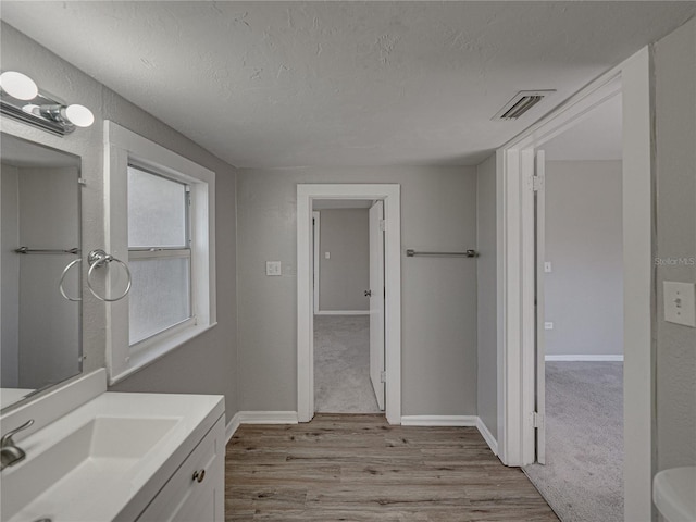 bathroom with wood-type flooring, vanity, and a textured ceiling