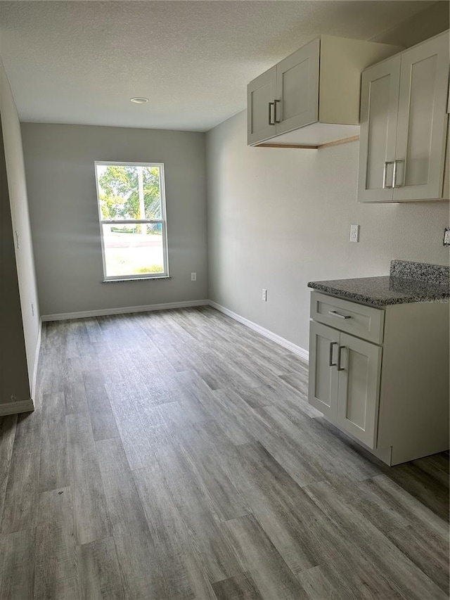 kitchen featuring light hardwood / wood-style floors, a textured ceiling, and stone countertops