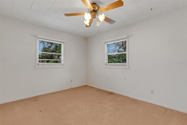 unfurnished room with plenty of natural light, carpet floors, and ceiling fan