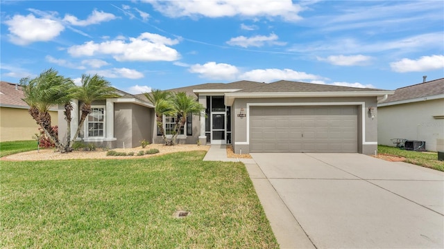 ranch-style home featuring a front lawn, a garage, driveway, and stucco siding