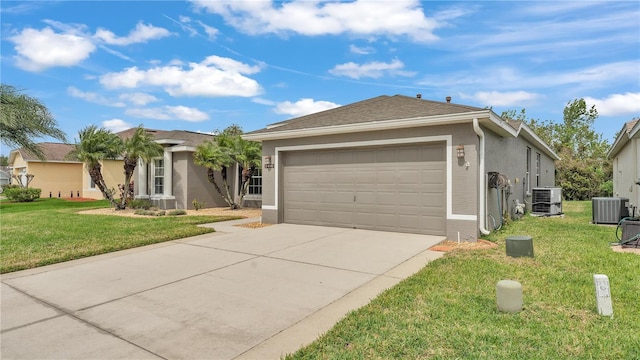 ranch-style house with central air condition unit, a front yard, stucco siding, a garage, and driveway