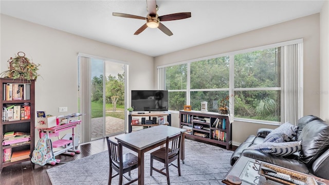 interior space featuring ceiling fan, baseboards, and wood finished floors