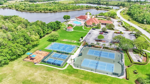 aerial view featuring a water view