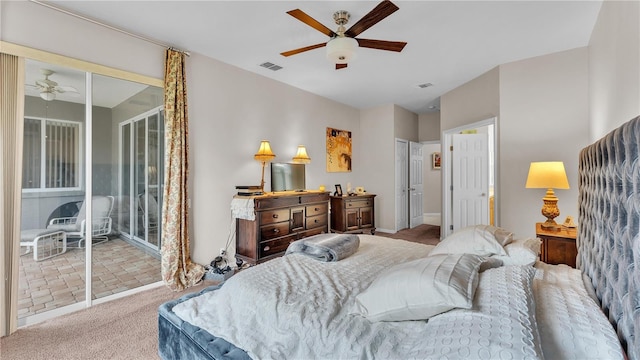 carpeted bedroom featuring baseboards, visible vents, ceiling fan, and access to exterior