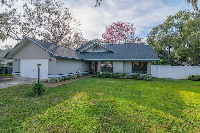 ranch-style home with a garage and a front yard