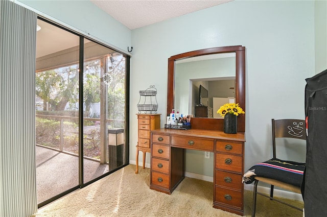 office space with light carpet and a textured ceiling