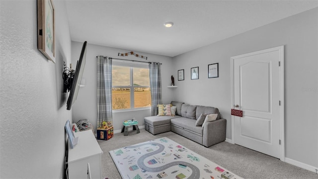 living room featuring light carpet