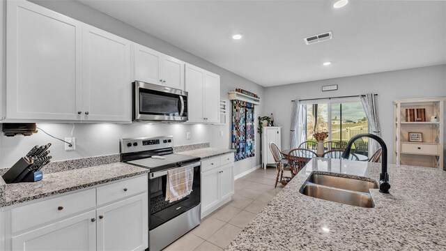 kitchen with a sink, stainless steel appliances, visible vents, and white cabinets