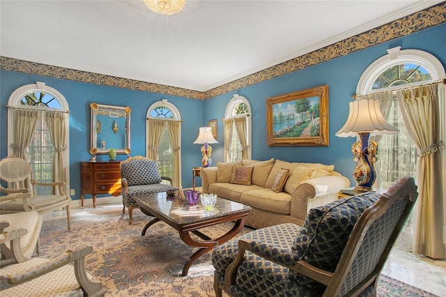 living room with crown molding