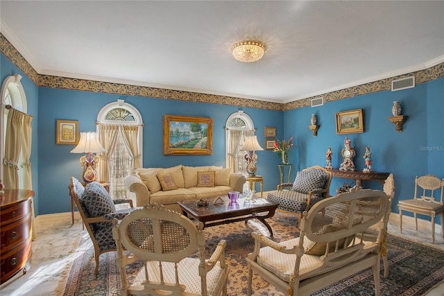 living room featuring crown molding