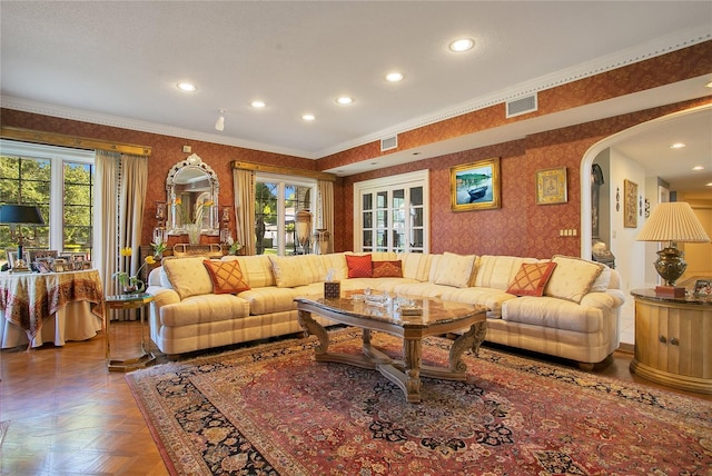 living room featuring parquet floors and ornamental molding