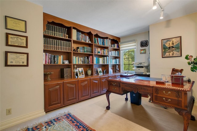 office area with light colored carpet and track lighting