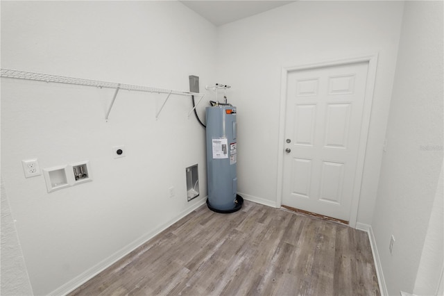 clothes washing area with hookup for a washing machine, electric water heater, hookup for an electric dryer, and light wood-type flooring