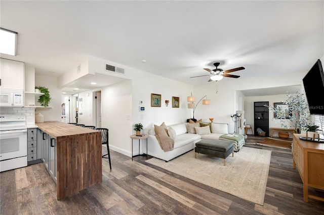 living room with ceiling fan and dark hardwood / wood-style flooring