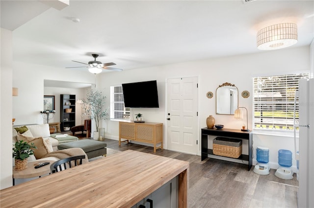 living room with dark hardwood / wood-style flooring and ceiling fan