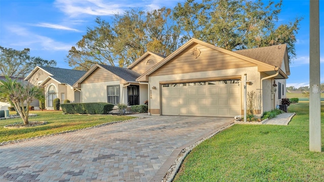 single story home featuring a garage and a front lawn