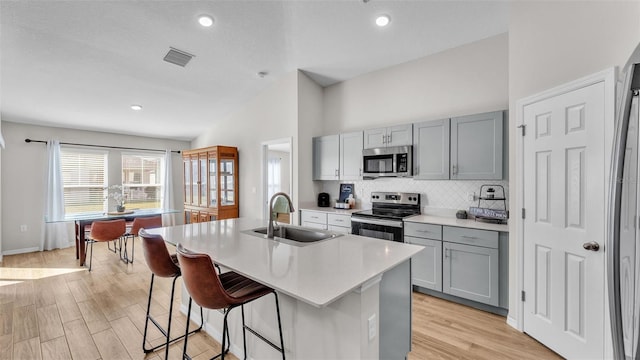 kitchen with an island with sink, appliances with stainless steel finishes, sink, and gray cabinetry