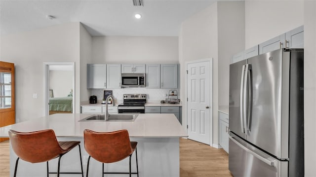 kitchen featuring sink, gray cabinets, appliances with stainless steel finishes, a kitchen island with sink, and backsplash