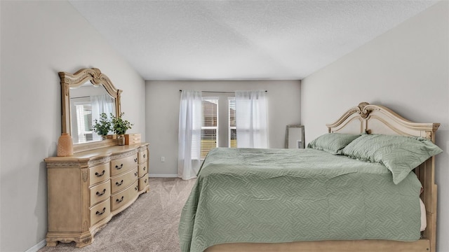 bedroom with light colored carpet, multiple windows, and a textured ceiling