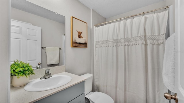 bathroom with vanity, a textured ceiling, and toilet