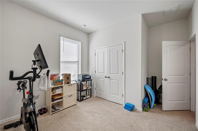 workout room featuring light colored carpet