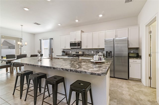 kitchen with sink, a breakfast bar area, white cabinets, stainless steel appliances, and a center island with sink