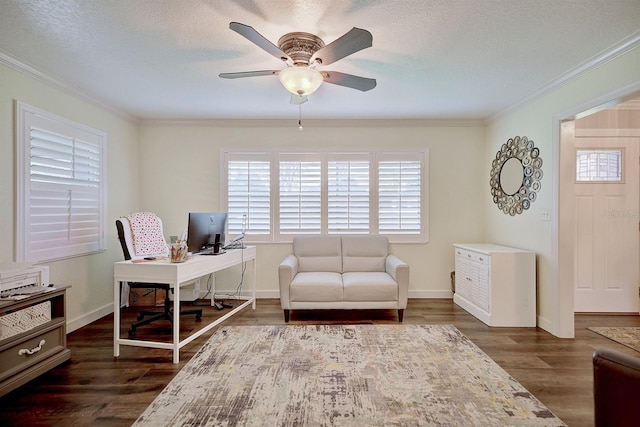 office with dark wood-type flooring, ceiling fan, ornamental molding, and a textured ceiling