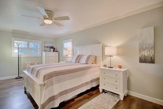 bedroom with ceiling fan, ornamental molding, and dark hardwood / wood-style flooring