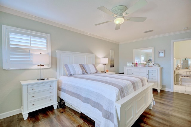 bedroom with dark wood-type flooring, ceiling fan, and crown molding