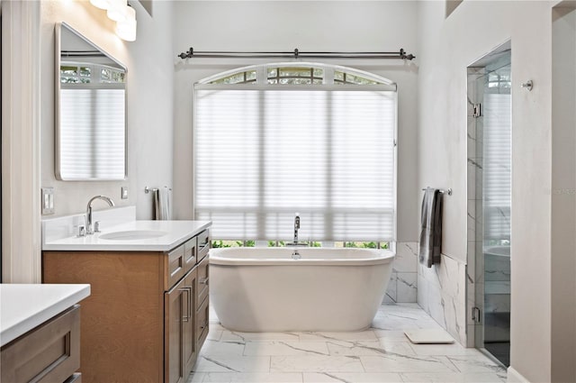 bathroom featuring vanity and independent shower and bath