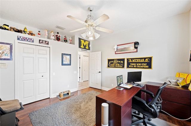 office space with ceiling fan and wood-type flooring