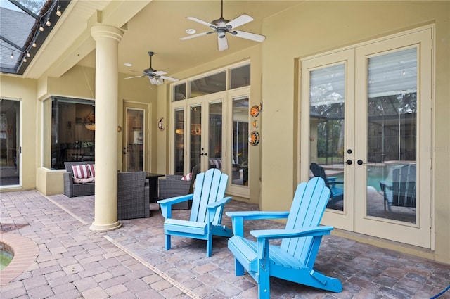 view of patio / terrace featuring outdoor lounge area, french doors, and ceiling fan