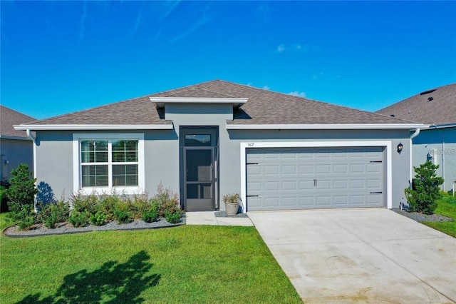 single story home with a front yard, roof with shingles, stucco siding, a garage, and driveway