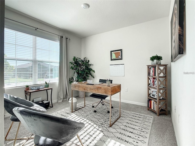 carpeted office space featuring baseboards and a textured ceiling