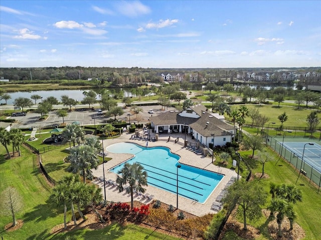 bird's eye view with a water view