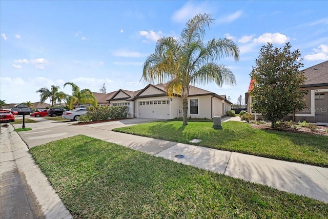 single story home featuring a garage and a front yard